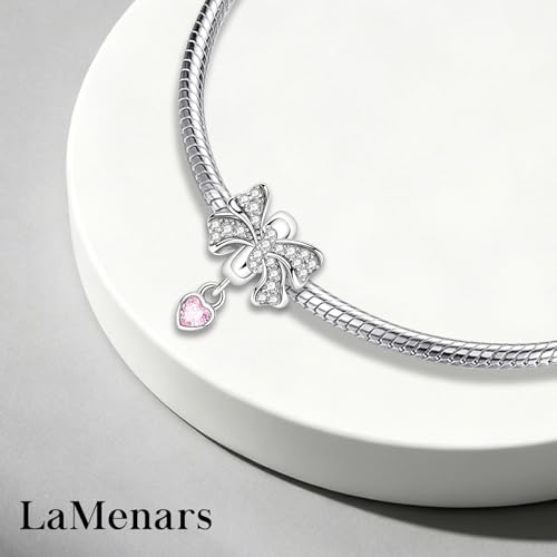 LaMenars 925 Sterling Silver Charms for Pandora Bracelets & Necklaces | Bead Charms Birthday Holiday Jewelry Gifts For Women - color: Bow Heart Dangle