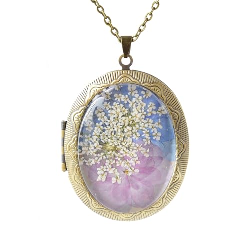 Vintage Photo Locket Necklace Handmade Pressed Flower Locket Necklace for Women - style: Hydrangea(1.53"x 1.85")