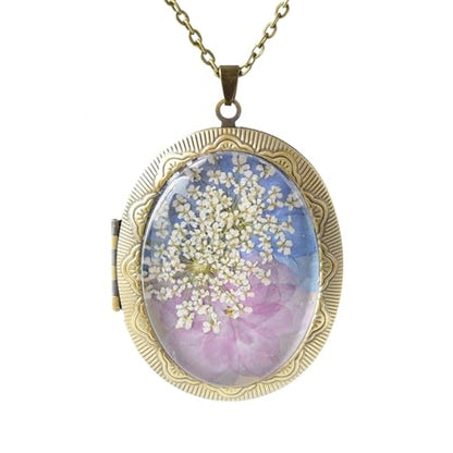 Vintage Photo Locket Necklace Handmade Pressed Flower Locket Necklace for Women - style: Hydrangea(1.53"x 1.85")