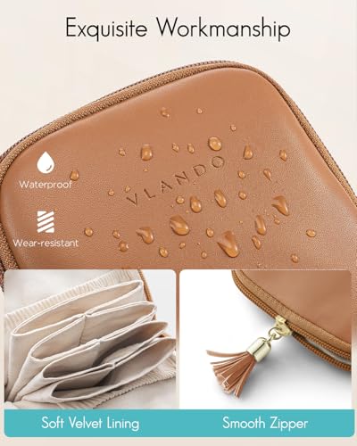VLANDO Small Travel Jewelry Case,Velvet Pouch Bags with Zipper,Brown | Travel Essentials,PU Leather Organizer with 5 Divided Sections,Carry-On Totes,Gift for Birthday,Bride,Bridesmaid,Women,Girls - color: A.Brown
