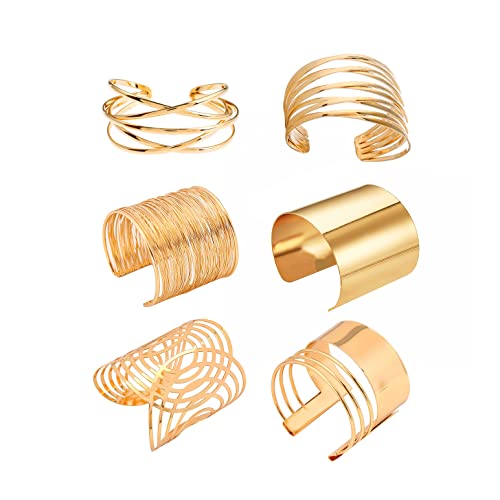 COLORFUL BLING Punk Alloy Hollow Geometric Smooth Polished Gold Hoop Open Cuff Wide Bracelet Bangle Wrist Jewelry for Women Lady - color: 6pcs gold A