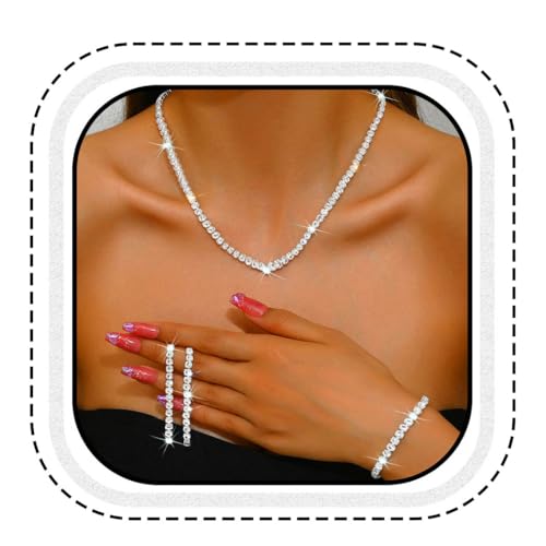 Unicra Rhinestone Bridal Wedding Jewelry Set Silver Necklace Earrings Bracelet Sets Prom Formal Costume Jewelry Sets for Women and Brides - color: Silver