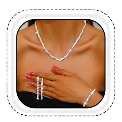 Unicra Rhinestone Bridal Wedding Jewelry Set Silver Necklace Earrings Bracelet Sets Prom Formal Costume Jewelry Sets for Women and Brides - color: Silver