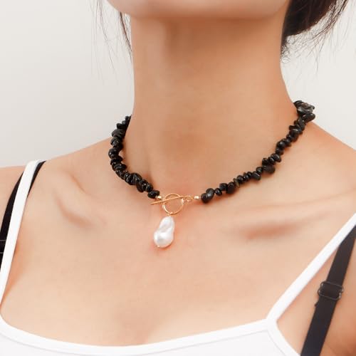 Bohemian Stone Pearl Choker Necklace for Women Dainty Natural Irregular Stone Choker Turquoise Beaded Lariat Necklace Simple Fashion OT Toggle Spiritual Handmade Jewelry - color: Black