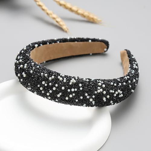 Glitter Crystal Headband for Women Sparkly Bling Diamond Headband Wide Hairband Sparkle Beaded Crystal Headband Thick Padded Headband for Party Non Slip Glitter Hair Hoop (Black, L) - color: Black