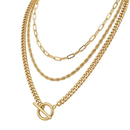 Gold Plated Layered Chain Necklace for Women - 33cm 38cm 45cm Paperclip Rope Curb Chain with Toggle Clasp, Waterproof Gold Bar Necklaces for Women Trendy Jewelry Set