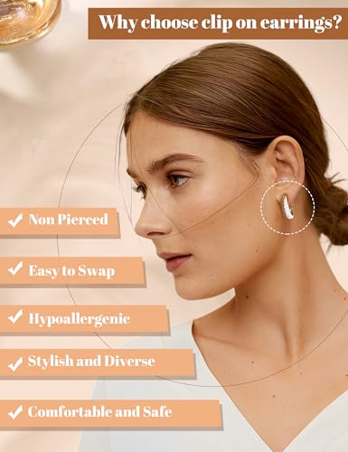 BESTEEL 3Pairs Clip on Earrings for Women Trendy Chunky Hoops Fake Earrings | Hypoallergenic 14K Gold Plated Lightweight Tube Croissant Waterdrop Clip-on Earrings Set Non Pierced Earrings Jewelry Gift - color: Silver-Stylish