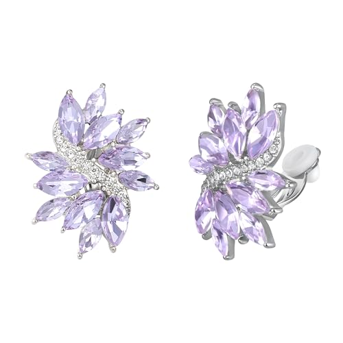 Flyonce Rhinestone Clip On Stud Earrings for Women, Glitter Marquise Crystal Wedding Party Vintage Statement Non Pierced Earring for Brides Bridal Cocktail Prom Jewelry Silver-Tone - color: Light Purple