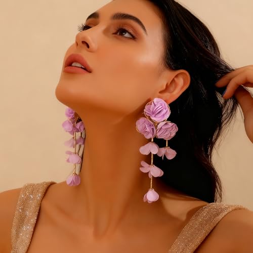 Fabric Flower Earrings for Women Colorful Long Tassel Floral Drop Earrings Fashion Boho Exaggerated Statement Beach Party Jewelry - color: Purple