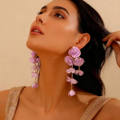 Fabric Flower Earrings for Women Colorful Long Tassel Floral Drop Earrings Fashion Boho Exaggerated Statement Beach Party Jewelry - color: Purple