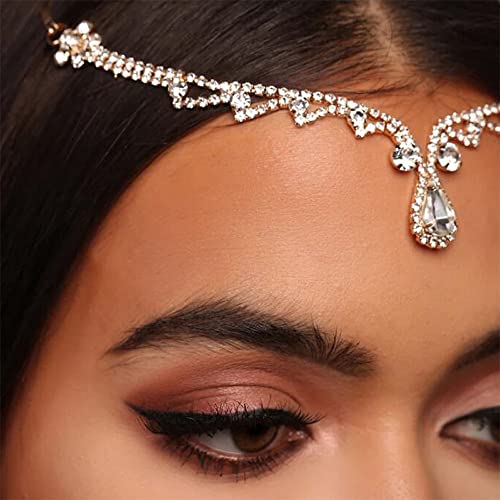 Missgrace Women Bridal Rhinestone Gold Forehead Head Chain Clip Headband Boho Crystal Teardrop Headpiece Hair Jewelry Wedding Prom Party Halloween Festival Hair Accessories for Women (Gold) - color: Gold