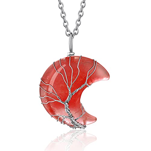 Bestyle Tree of Life Wrapped Healing Crystal Necklaces 12 Month Birthstone Pendant for Women, Crescent/Heart Gemstone Jewelry, Vintage Birthday Gifts/Energy Gift - color: 07. Cresent Moon Cherry Quartz