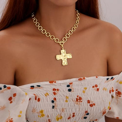 Poxtex Cross Necklace for Women Teen Girls, Dainty 14K Gold Silver Plated Cross Choker Jewelry Non Tarnish Waterproof Cute Simple Small Necklace Christian Baptism Religious Faith Jewelry Gifts - color: 09 chunky gold cross necklace