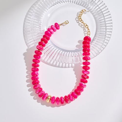 Chunky Beaded Necklace for Women Trendy Multicolor Resin Beads Choker Necklaces Boho Summer Statement Necklace Chunky Heart Jewelry - color: Chunky bead necklace-rose red