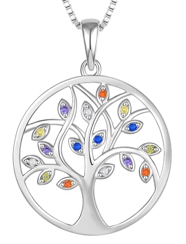 YL 925 Sterling Silver Tree of Life Necklace for Women Round Tree Pendant Birthstone Jewelry for Mom - color: 0-gemstones