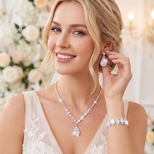 Unicra Bride Crystal Necklace Earrings Set Bridal Wedding Jewelry Sets Rhinestone Choker Necklace Prom Costume Jewelry Set for Women and Brides - color: E-3 Pack Silver Necklace Bracelet Earrings