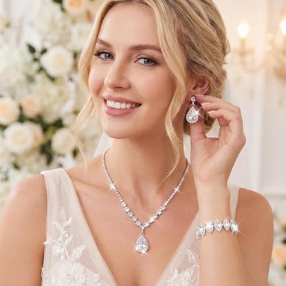 Unicra Bride Crystal Necklace Earrings Set Bridal Wedding Jewelry Sets Rhinestone Choker Necklace Prom Costume Jewelry Set for Women and Brides - color: E-3 Pack Silver Necklace Bracelet Earrings