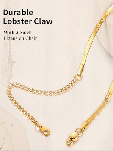 ChainsHouse Flat Snake Chain Herringbone Choker Necklace for Women, Stainless Steel/Rose Gold/18K Gold Plated Dainty Adjustable Simple Short Layered Necklaces, 12"/15"/18" with 3.5" Extender - color: a. 14k gold plated-3mm