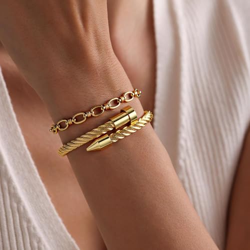 2PCS 18K Gold Plated Nail Bangle & Chain Bracelet Set for Women, Adjustable Stackable Bangle Jewelry, Dainty Gold Bracelet Gift for Women - color: Set L