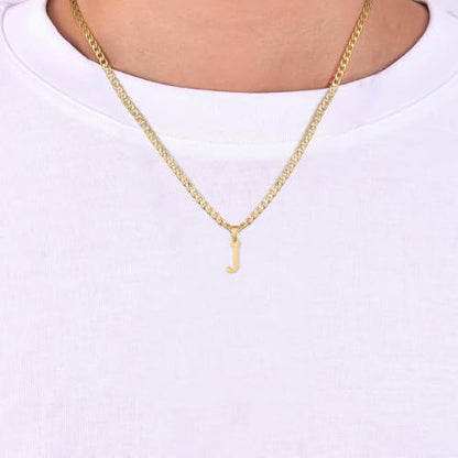 Gold Plated Initial Necklace for Men Letter Pendant Cuban Link Chain | Stainless Steel 4mm 20 Inch Chain Non Tarnish 14K A-Z Capital Name Charm Custom Jewelry Gift - color: J