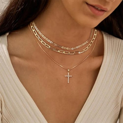 MFRYK Gold/Silver Necklaces Stack For Women,14K Gold/Sterling Silver Plated Simple Layered Choker Necklaces For Women,Stackable Multilayer Pearl Cross Disc Circle Pendant Cuban Herringbone Snake Paperclip Chain Necklaces Set Jewelry Gift for Women - style