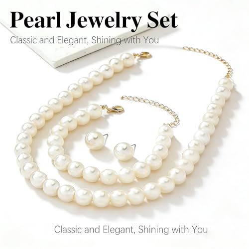 8mm Elegant Pearl Jewelry Set with Gold Chain, Classic White Faux Pearl Necklace, Bracelet and Stud Earrings, 3 Piece Wedding Formal Set