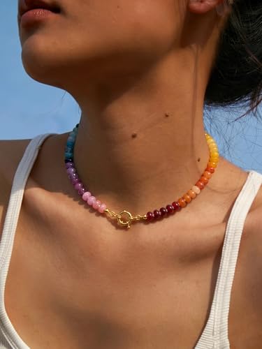 HAXIYA Colorful Beades Gemstone Necklace for Women Boho Beaded Choker | Rainbow Natural Stone Chunky Bead Surfer Summer Beach Necklaces Jewelry Hypoallergenic - color: Rainbow