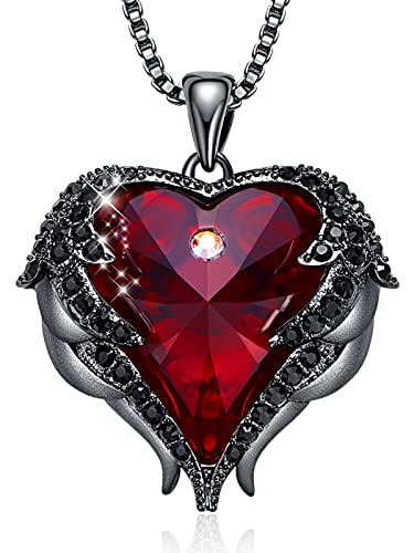 CDE Angel Wings Heart Birthstone Pendant Necklace Gift for Women | Silver/Gold Tone,Ideal Birthday & Anniversary Jewelry Gift for Wife,Girlfriend,Her - color: Black-01&07-Ruby Red Birthstone