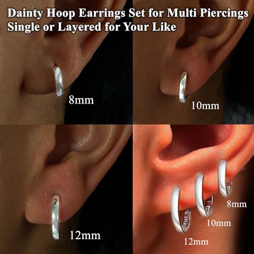 ORANGELOVE 3 Pairs 14K Gold Plated Huggie Hoop Earrings Set for Women or Men Lightweight Hypoallergenic Small Hoop Earring Pack Multiple Piercing Stacks Cartilage Piercing Jewelry - style: Silver-8/10/12mm