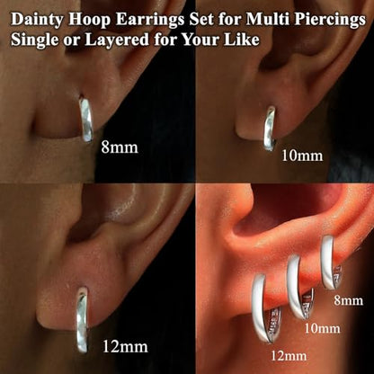 ORANGELOVE 3 Pairs 14K Gold Plated Huggie Hoop Earrings Set for Women or Men Lightweight Hypoallergenic Small Hoop Earring Pack Multiple Piercing Stacks Cartilage Piercing Jewelry - style: Silver-8/10/12mm