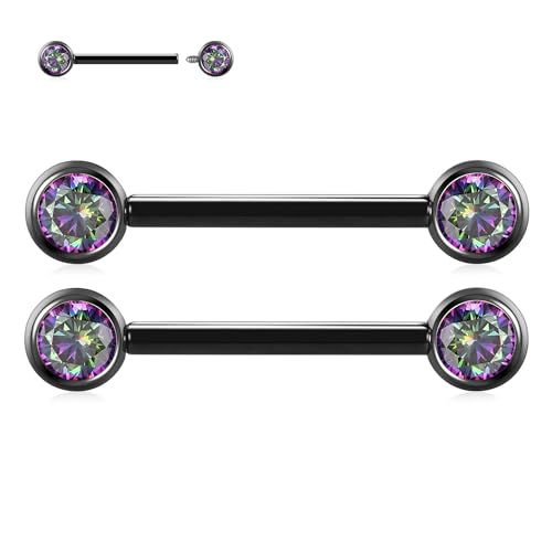 FUNLMO 2pcs Nipple Piercing Jewelry Titanium Nipple Rings Internally Threaded Tongue Rings Bridge Piercing Jewelry Nipple Barbells 14G 12-20mm - color: Black,Vitrail Medium CZ