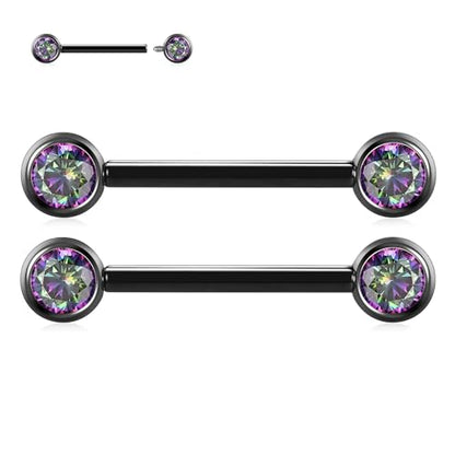 FUNLMO 2pcs Nipple Piercing Jewelry Titanium Nipple Rings Internally Threaded Tongue Rings Bridge Piercing Jewelry Nipple Barbells 14G 12-20mm - color: Black,Vitrail Medium CZ