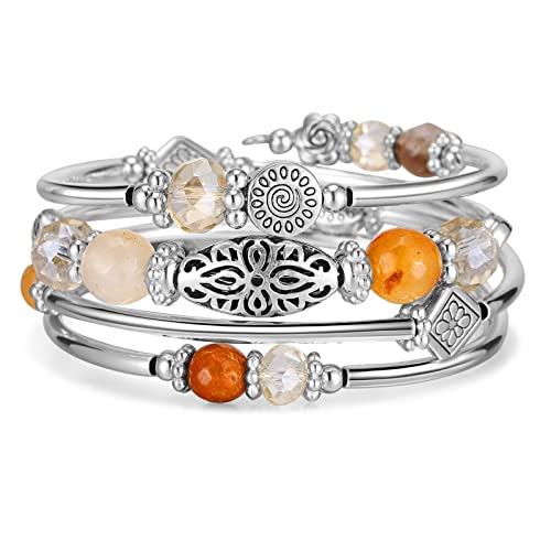 FULU AUTUMN Stackable Beaded Bracelets for Women Boho Wrap Silver Bracelet Layered Fashion Jewelry Gifts for Her - color: Brown