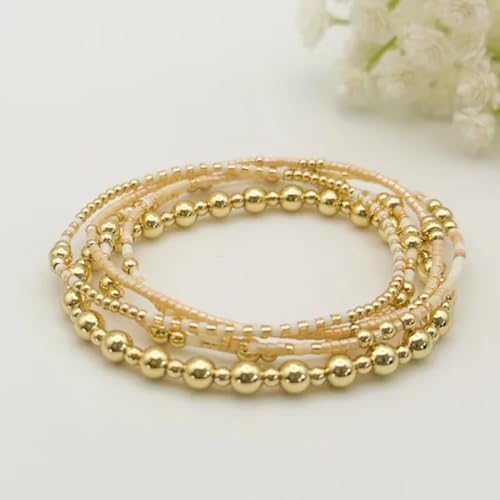 5Pcs Stack Gold Plated Ball Beaded Bracelets Set for Women, Boho Handmade Colorful Glass Pearl Stretch Accessories Jewelry, Summer Beach Daily Wear Holiday Friendship Gift - color: Peach
