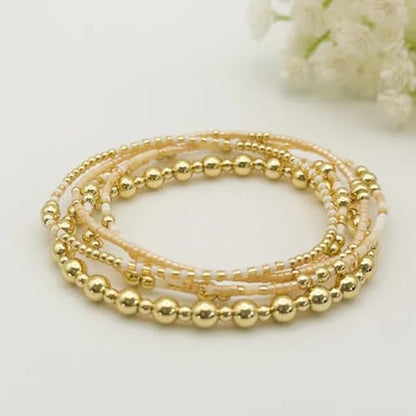 5Pcs Stack Gold Plated Ball Beaded Bracelets Set for Women, Boho Handmade Colorful Glass Pearl Stretch Accessories Jewelry, Summer Beach Daily Wear Holiday Friendship Gift - color: Peach