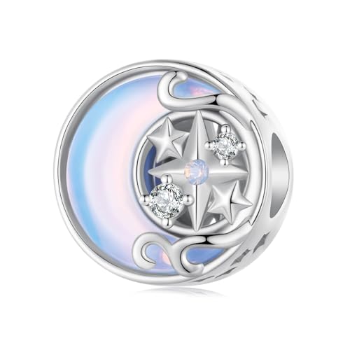 Celestial Bead Charms for Bracelets, Star Moon Dreamcatcher Dangle Charms, Silver Tone Copper, Glass Resin CZ Accents, Charm Beads for Women Jewelry Making, Gift Box Included - color: Moon Star Round Bead Charm