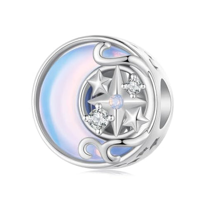 Celestial Bead Charms for Bracelets, Star Moon Dreamcatcher Dangle Charms, Silver Tone Copper, Glass Resin CZ Accents, Charm Beads for Women Jewelry Making, Gift Box Included - color: Moon Star Round Bead Charm