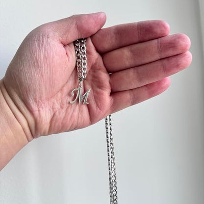 Stainless Steel Initial A-Z Necklace for Men Women,Cuban Chain,Titanium Steel Initial Letter Pendant Charm Necklaces Accessories Jewelry for Woman Man,21 Inch Chain - color: M