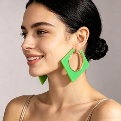 Colorful Large Hoop Earrings for Women Big Square Hollow Hoops Dangle Earrings Trendy Chunky Geometric Square Earring 80s 90s Neon Hoop Dangle Earrings - color: green