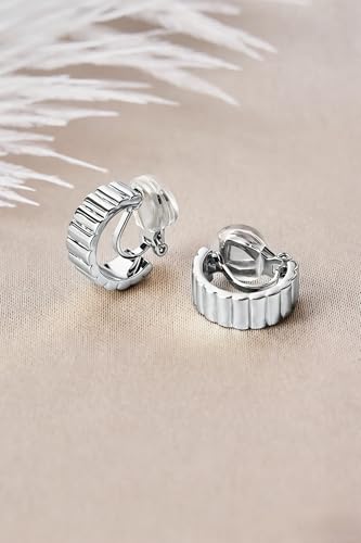 FAN&LOUIS Gold Silver Clip On Hoop Earrings, 14K Chunky Gold Small Hoops Lightweight Clip-On Earrings for Women Trendy│Chic Boho Ribbed Croissant Scallop Statement Clip Earrings Teen Gifts - style: Silver