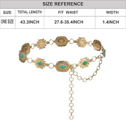 ILuvatar Western Metal Concho Belt for Women Cowgirl Waist Chain for Women Dress Pants Adjustable - color: Gold-f32