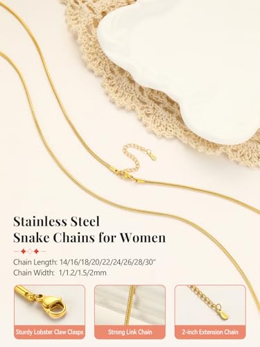 FaithHeart 1/1.2/1.5/2mm Snake Chain Necklace for Women, Silver/Black/14K Gold/Rose Gold Plated Stainless Steel Snake Necklace Smooth Dainty Thin Women's Chains, Length 14-30" with Gift Box - color: Gold