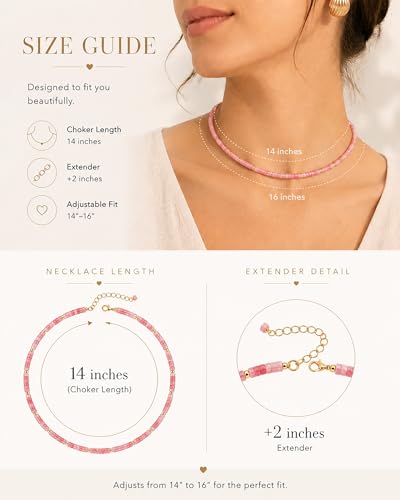Natural Heishi Gemstone Choker Necklace for Women, Adjustable 15"+2" Beaded Layering Necklace, Coastal Beach Jewelry Gift for Her - color: Rose Quartz (Dark Color)