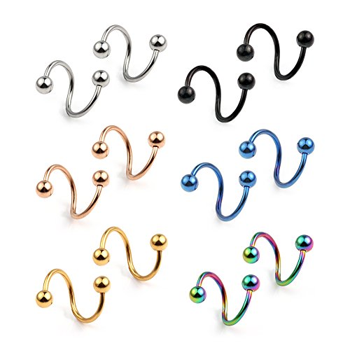 Ruifan 16G Stainless Steel Twist Ear Plug Earring Spiral Helix Stud Lip Ring Body Piercing Jewelry 8mm 10mm - style: 6Pairs - 8mm Mix Color