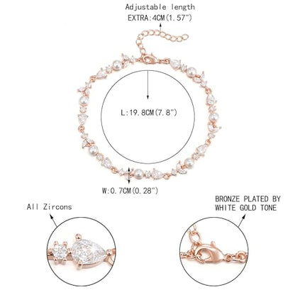 EVER FAITH Gorgeous Cubic Zirconia Pearl Wedding Link Bracelet for Bride | Marquise Teardrop Crystal Bridal Prom Jewelry, for Women Bridesmaids - style: Drop_Clear Rose Gold-Tone