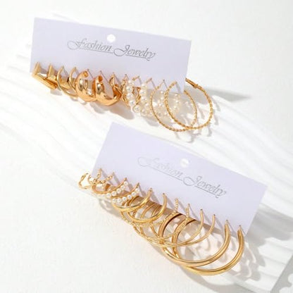 14K Gold Plated Geometric Hoop Earrings for Women Chunky Hypoallergenic Thick Lightweight Jewelry - color: Gold-12 Pairs