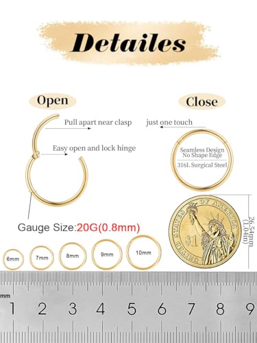 AMASIS Nose Rings and Nose Studs Set, Stainless Steel Hinged Nose Hoops and CZ Studs, Select Sizes and Styles for Nostril Septum Cartilage Piercing Jewelry - color: Gold, size: 2-Piece Hoops,20Gauge,7mm