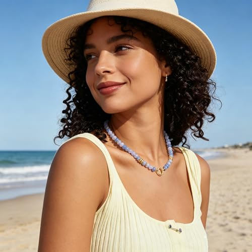 Beaded Necklaces for Women Boho Colorful Bead Choker Necklace Natural Gemstone Handmade Summer Beach Layering Necklace Jewelry Gift for Women - color: Aqua Blue