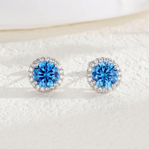 YOMELA Round Cubic Zirconia Stud Earrings for Women | Everyday Dainty, Diamond-Like Brilliance, CZ Halo Birthstone Studs, Hypoallergenic & Lightweight, Elegant & Versatile - color: Royal Blue