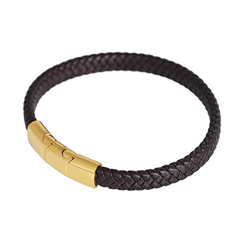 Geoffrey Beene Men's Braided Genuine Leather Bracelet with Stainless Steel Closure - color: Brown, Gold